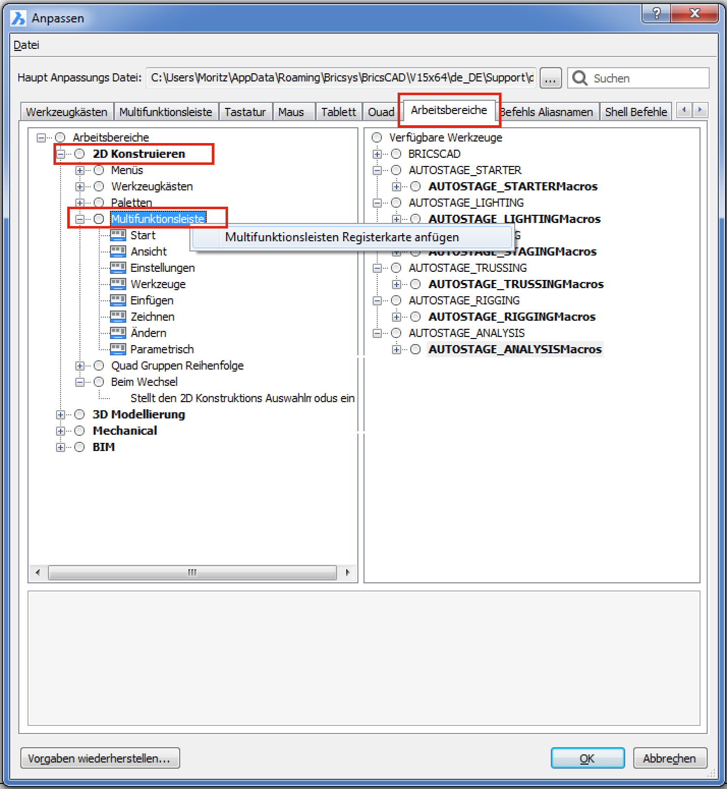 Das Anpassen Fenster in BricsCAD Der Befehl CUI öffnet es
