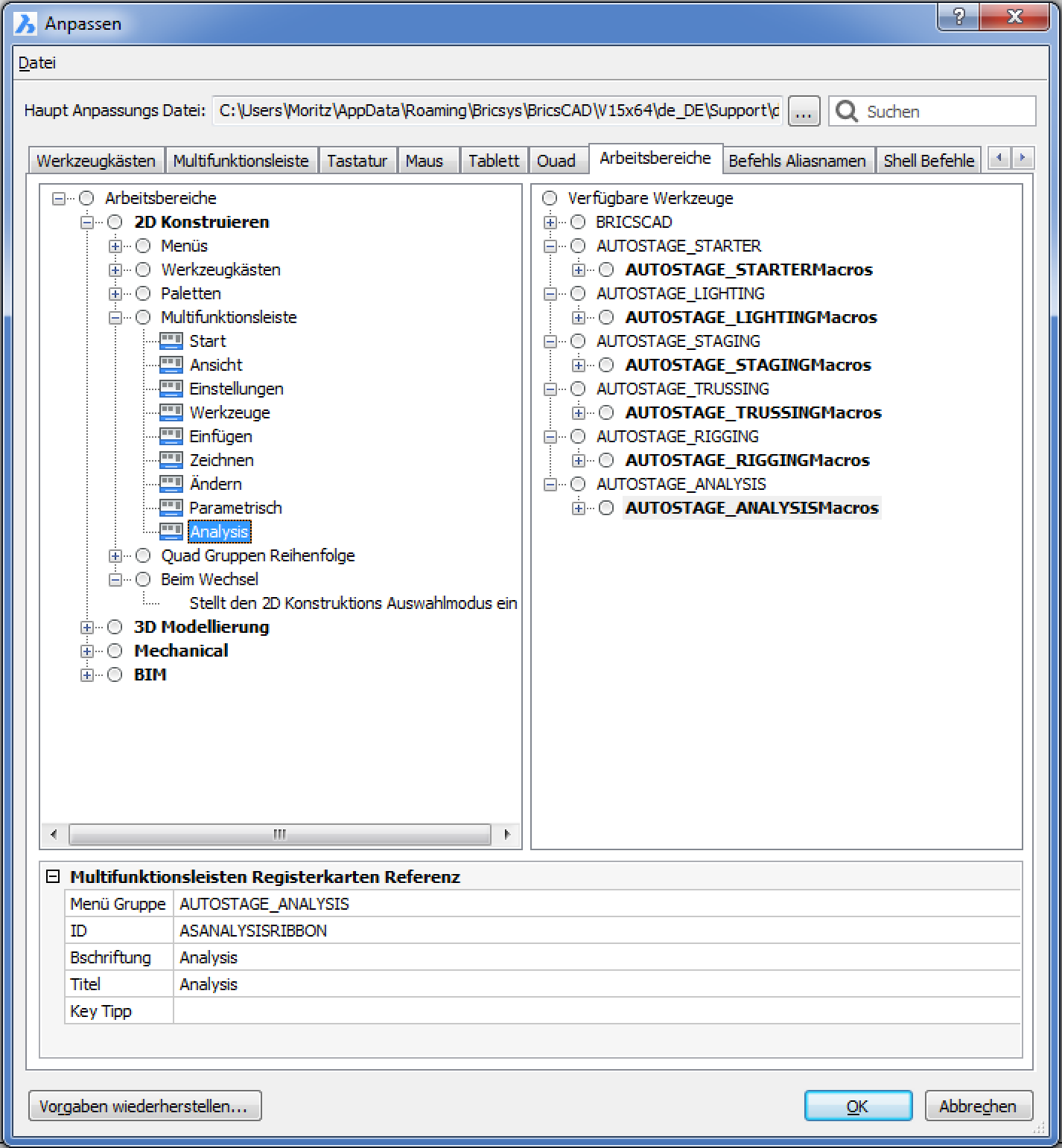 Das Anpassenfenster mit hinzugefügten Analysis Tab