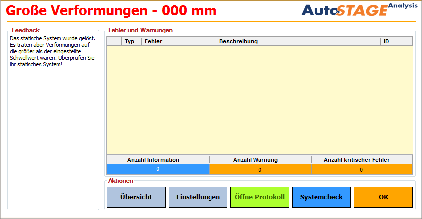 Das Fenster des Systemcheckers nach einer erfolgreichen Berechnung mit einer großen Verformung