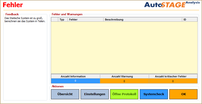 Das Fenster des Systemcheckers nach bei einem zu großen System