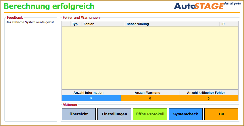 Das Fenster des Systemcheckers nach einer erfolgreichen Berechnung
