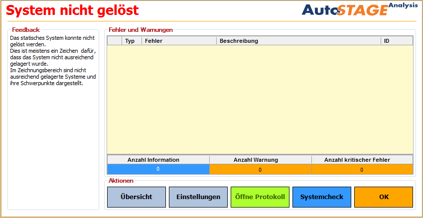 Das Fenster des Systemcheckers nach einer abgebrochenen Berechnung