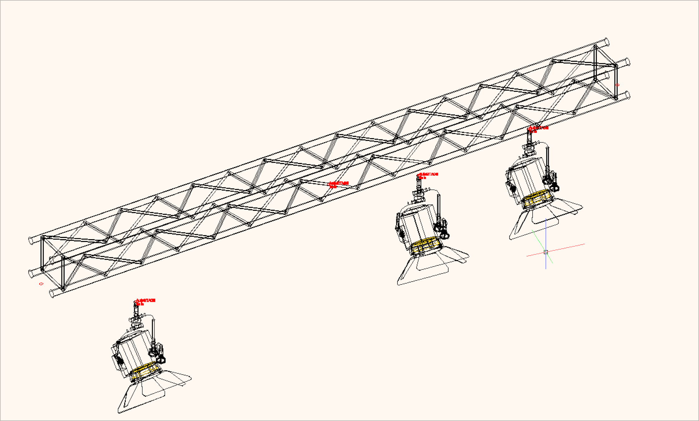 Beispiel für Scheinwerfer in der 3D Ansicht: Der Linke und der Mittlere werden nicht erkannt. Der Rechte wird als Last der Traverse erkannt