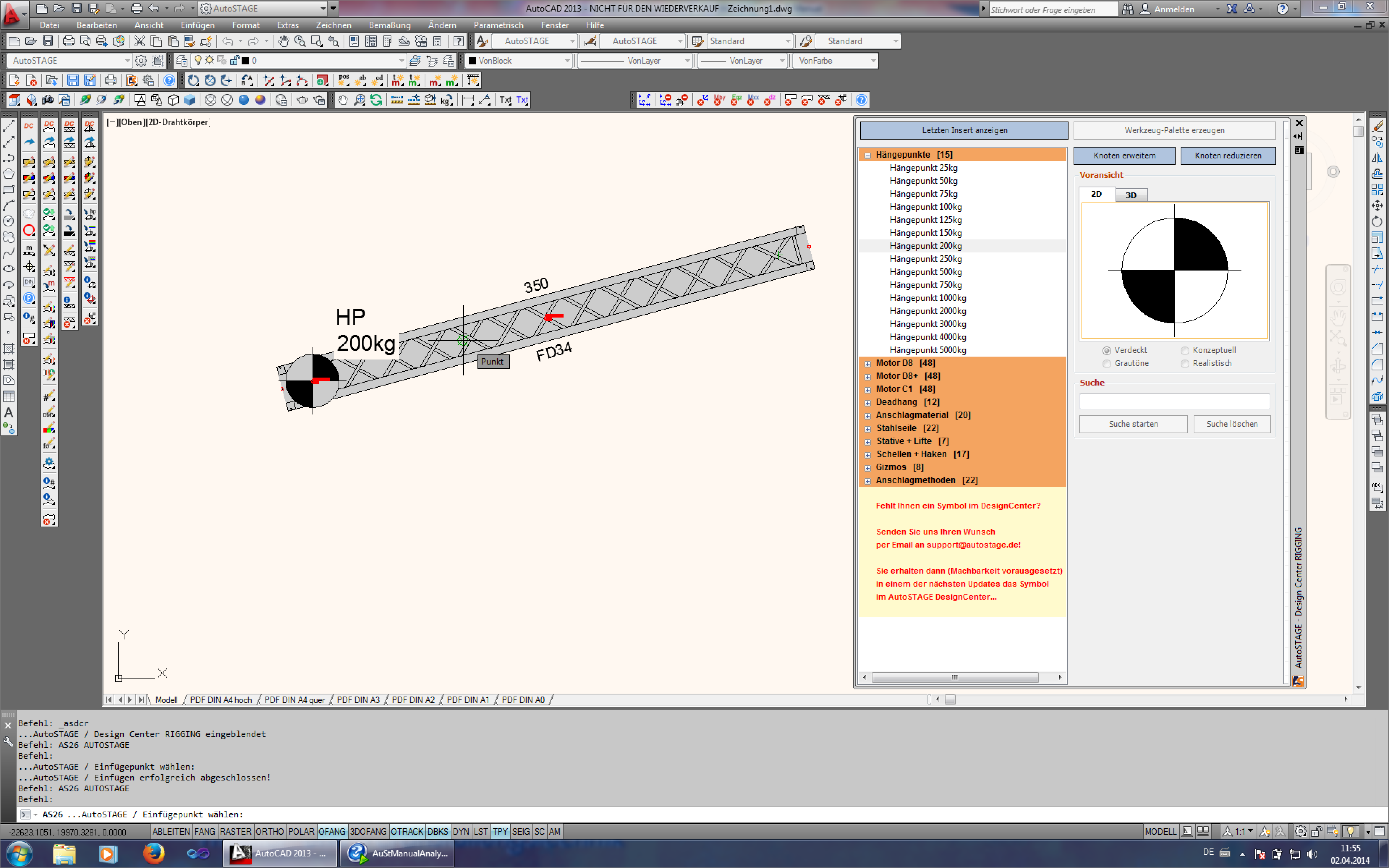 Einfügen eines Hängepunktes in AutoSTAGE Analysis