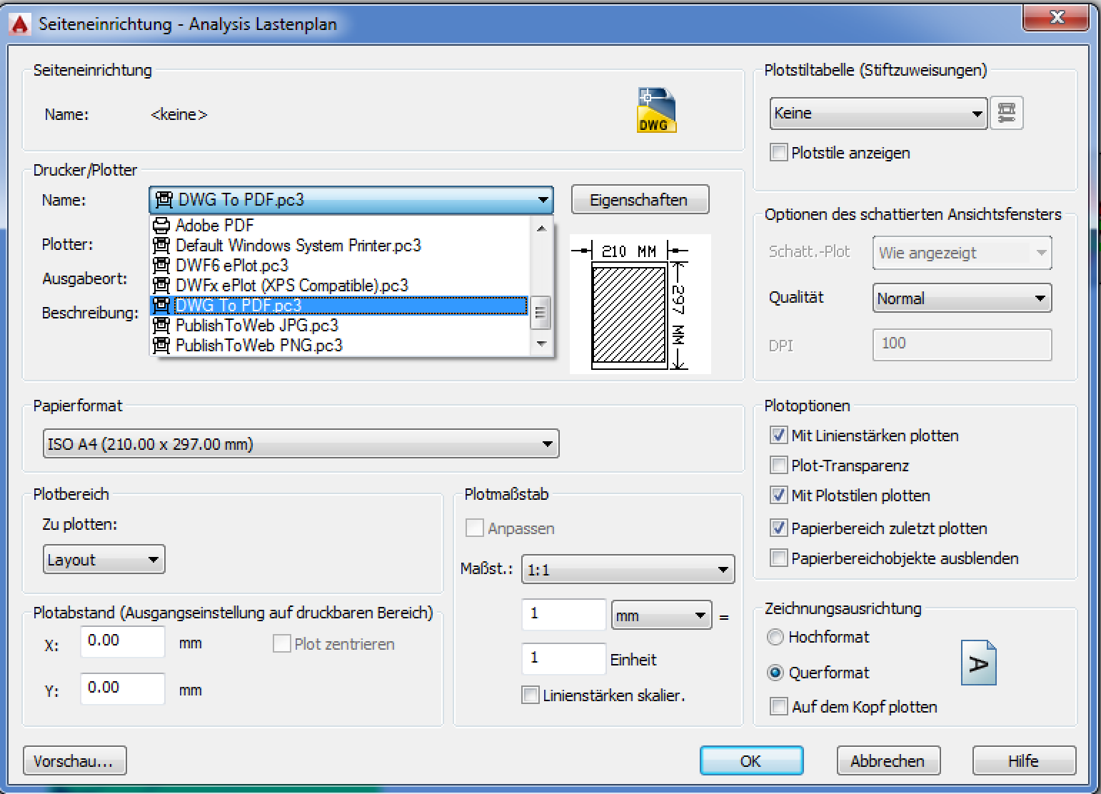 Wählen Sie den Drucker DWG To PDF.pc3 und wählen Sie ihr gewünschtes Papierformat