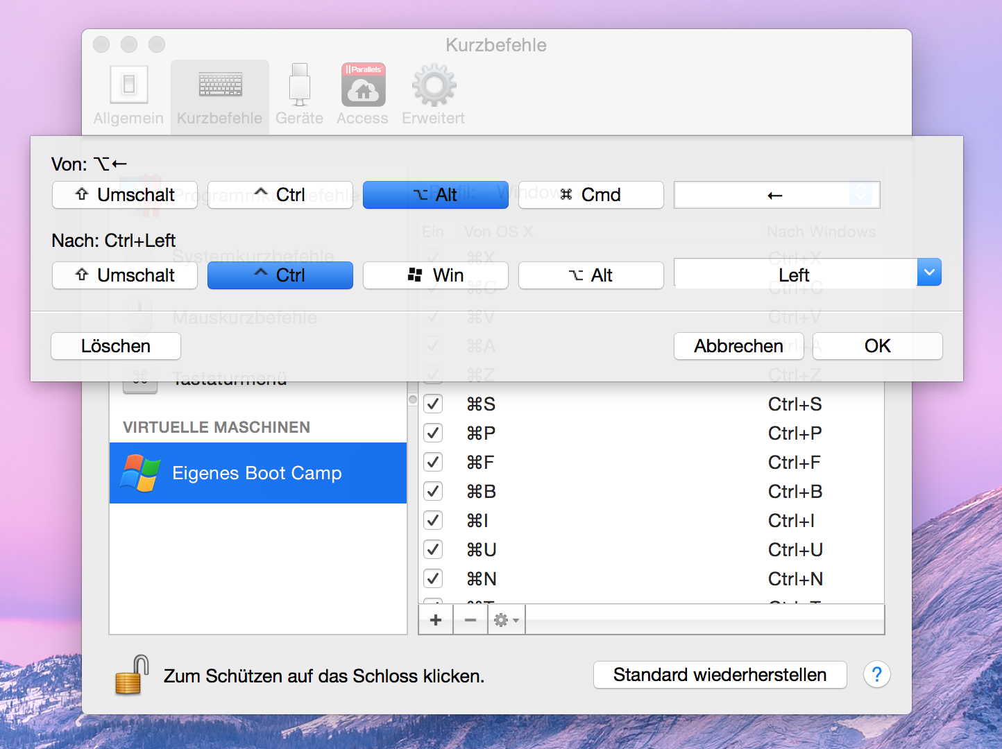 Kurzbefehl für die linke Pfeiltaste