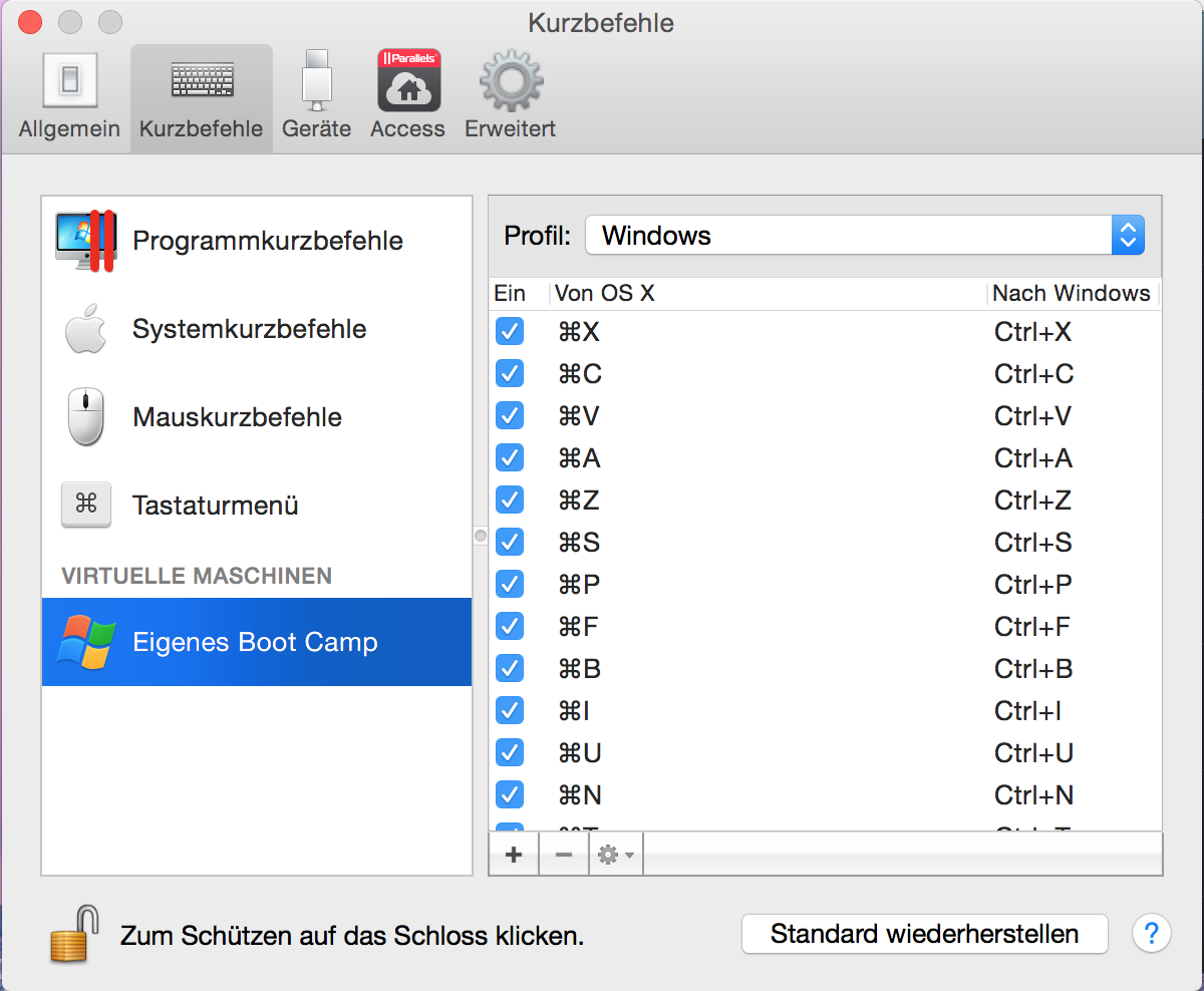 Der Tab Kurzbefehle in den Einstellung von Parallels Desktop
