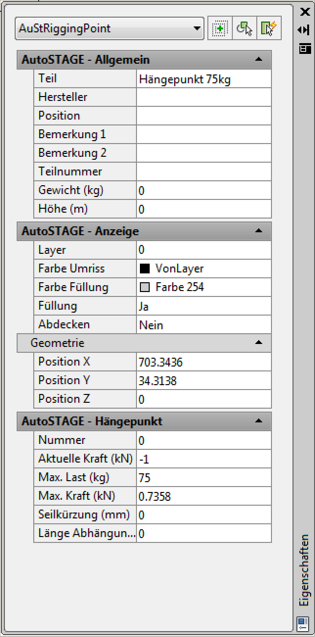 Die Eigenschaftspalette Hängepunkt