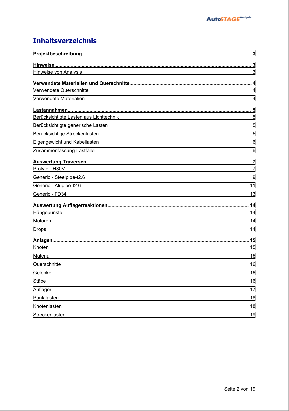 Das Inhaltsverzeichnis eines Berechnungsberichtes