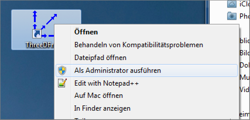 Starten Sie ThreeDFrame als Administrator - Windows7