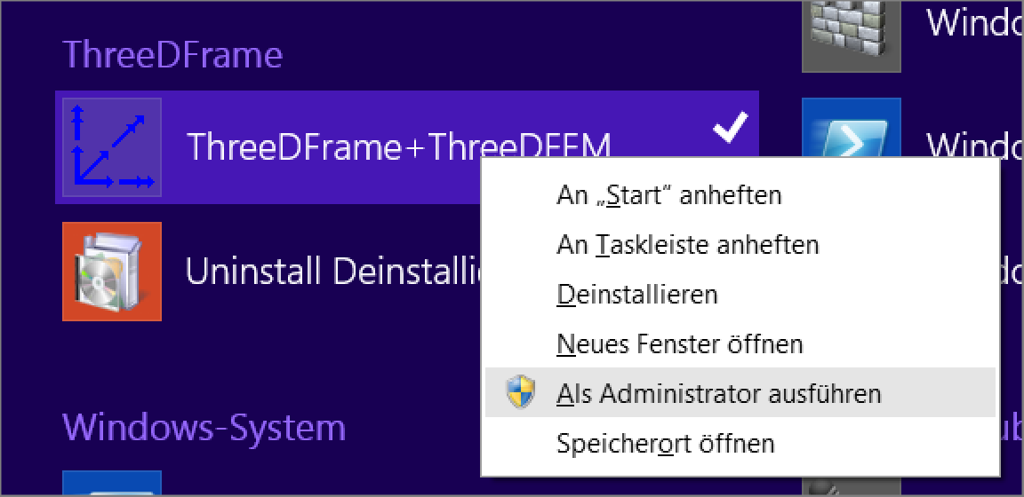 Starten Sie ThreeDFrame als Administrator - Windows 8.1