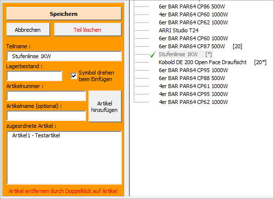 Ansicht der dem Symbol zugeordneten Artikelnummer