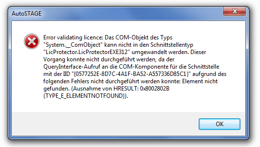Error validating licence: Das COM-Objekt...