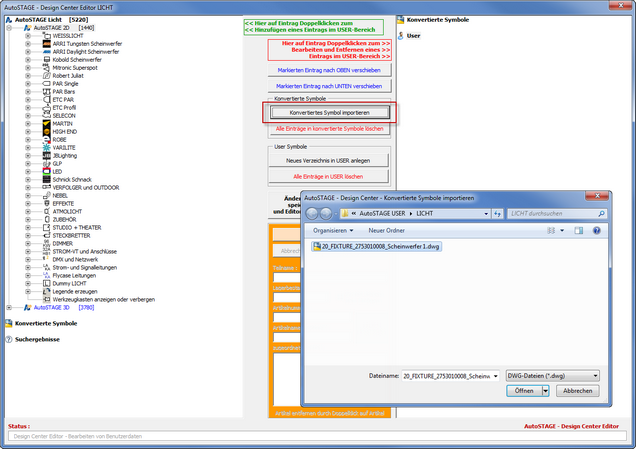 Konvertierte Symbole zum AutoSTAGE Design Center hinzufügen