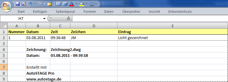 Das nach Excel exportierte Logbuch