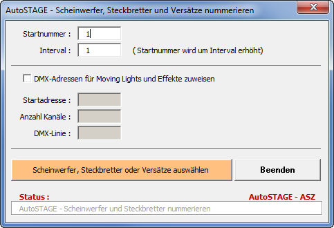 Scheinwerfer und Steckbretter nummerieren mit ASZ