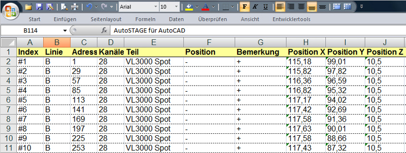 Daten mit dem AutoSTAGE-Befehl ASGMA nach Excel exportieren. Daten mit dem AutoSTAGE-Befehl ASGMA nach Excel exportieren.