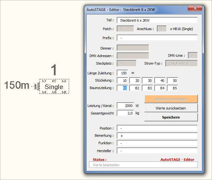 Steckbrett mit gestückelter Zuleitung, geöffnetem Editor-Fenster und Baumzuteilung