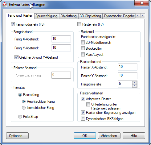 Entwurfseinstellungen für RASTER