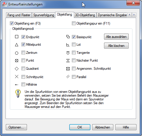 Entwurfseinstellungen für OFANG