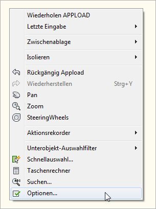 Kontext-Menü nach Klicken der rechten Maustaste auf einen leeren Bereich der Zeichnung
