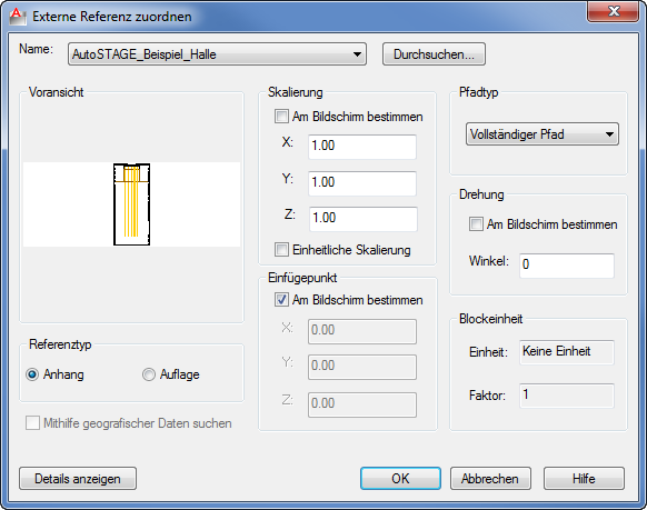 Parameter für das Einfügen der XREF angeben