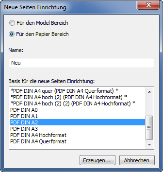 Name und Vorlage für Seiteneinrichtung